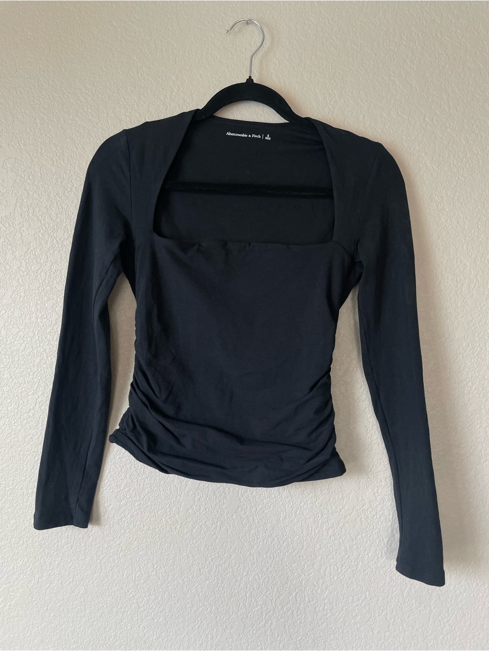 Abercrombie & Fitch Black Ruched Square Neck Long Sleeve Stretch Top Small